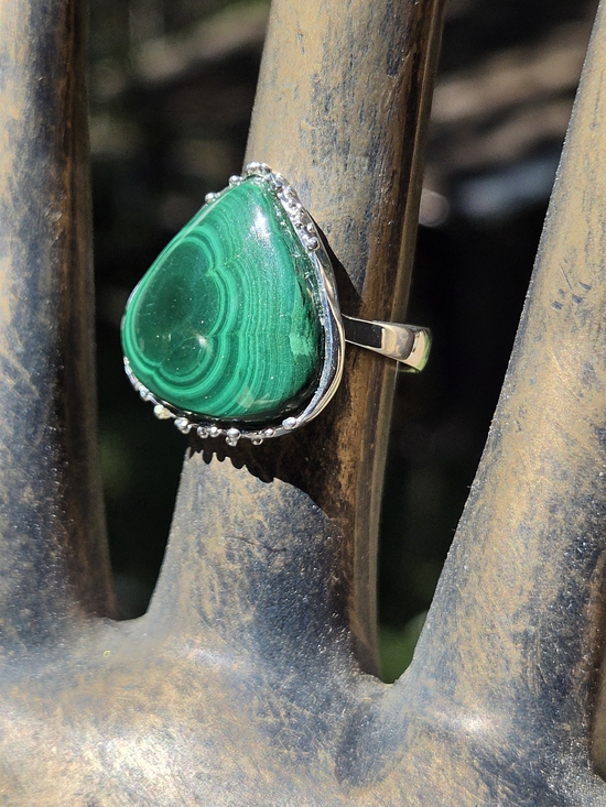 Malachite Natural 24k Sterling & White Gold Ring Sz8 - Picture 5 of 8